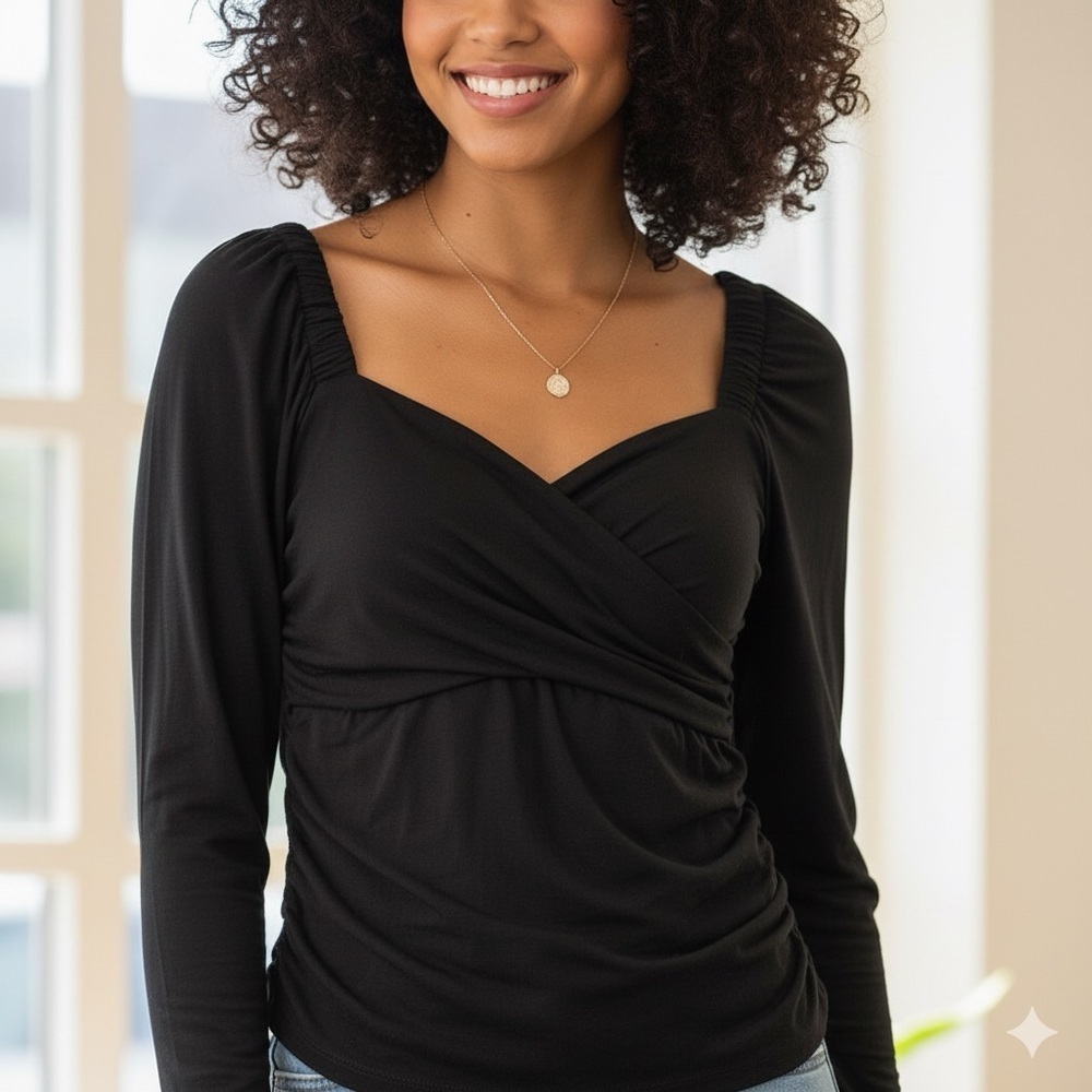 WAYF Black Long Sleeve Faux Wrap Top With Ruched Sides Size Medium